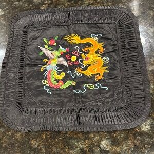 Vintage Chinese Black Silk Embroidered Pillow Sham with Dragon & Phoenix Motif